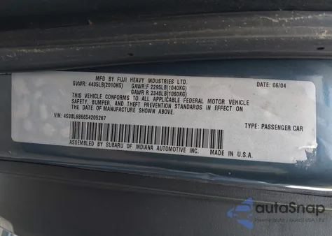 2005 Subaru Legacy 2.5Gt from USA, damaged, VIN 4S3BL686654205267